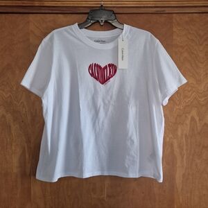 Calvin Klein 100% cotton White Tee with Red Heart Graphic, Size XL